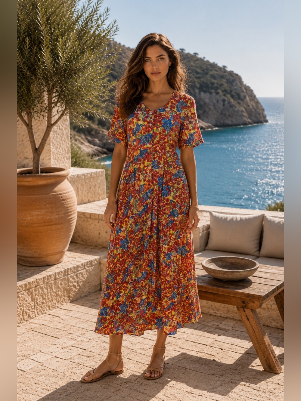 ZAZA Floral Multicolor Dress - Red, Blue & Yellow Bloom Print